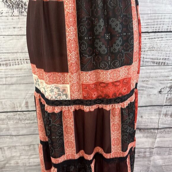 Langer Skirt sz Medium Dark Red Black Tiered Boho Lace Long Maxi Peasant Modest - Picture 8 of 14